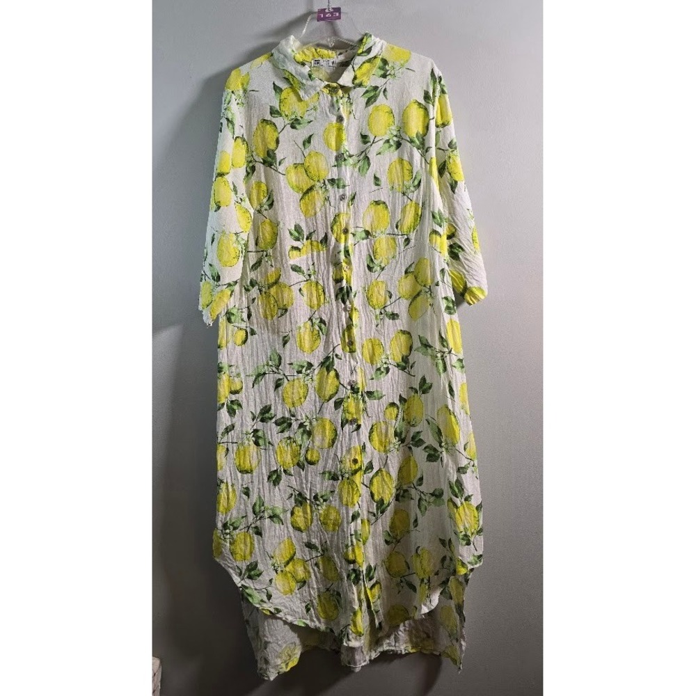 100% Lino Womens Shirt Dress White Yellow Lemon Fruit Print Button Up Maxi